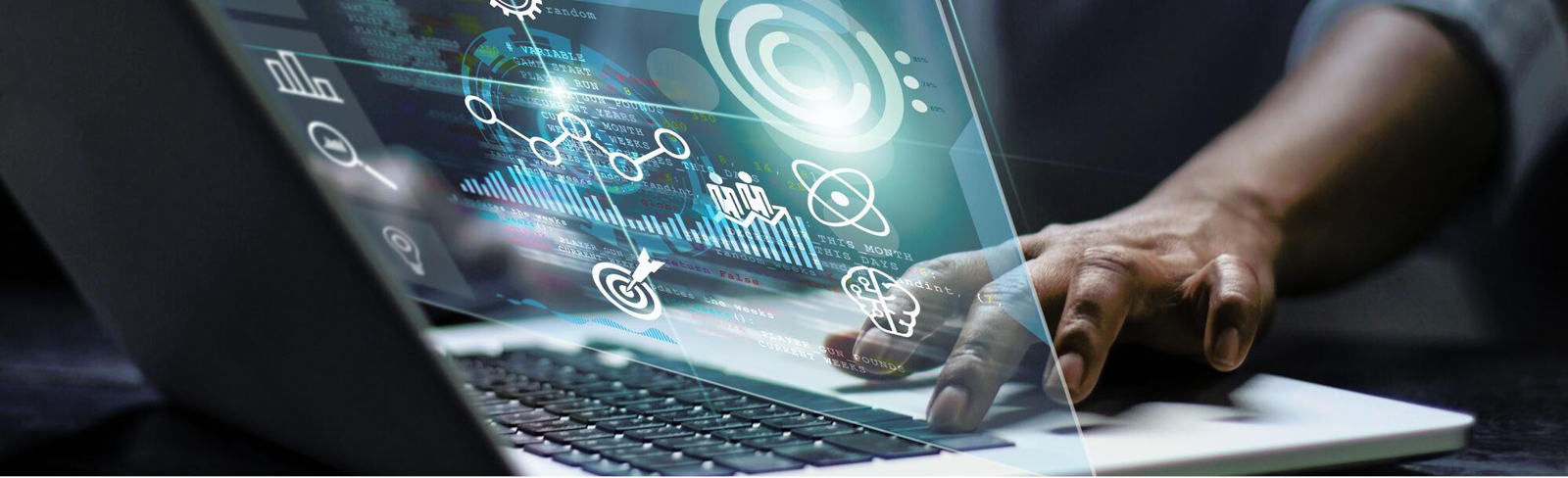 Person typing on computer with holographic display