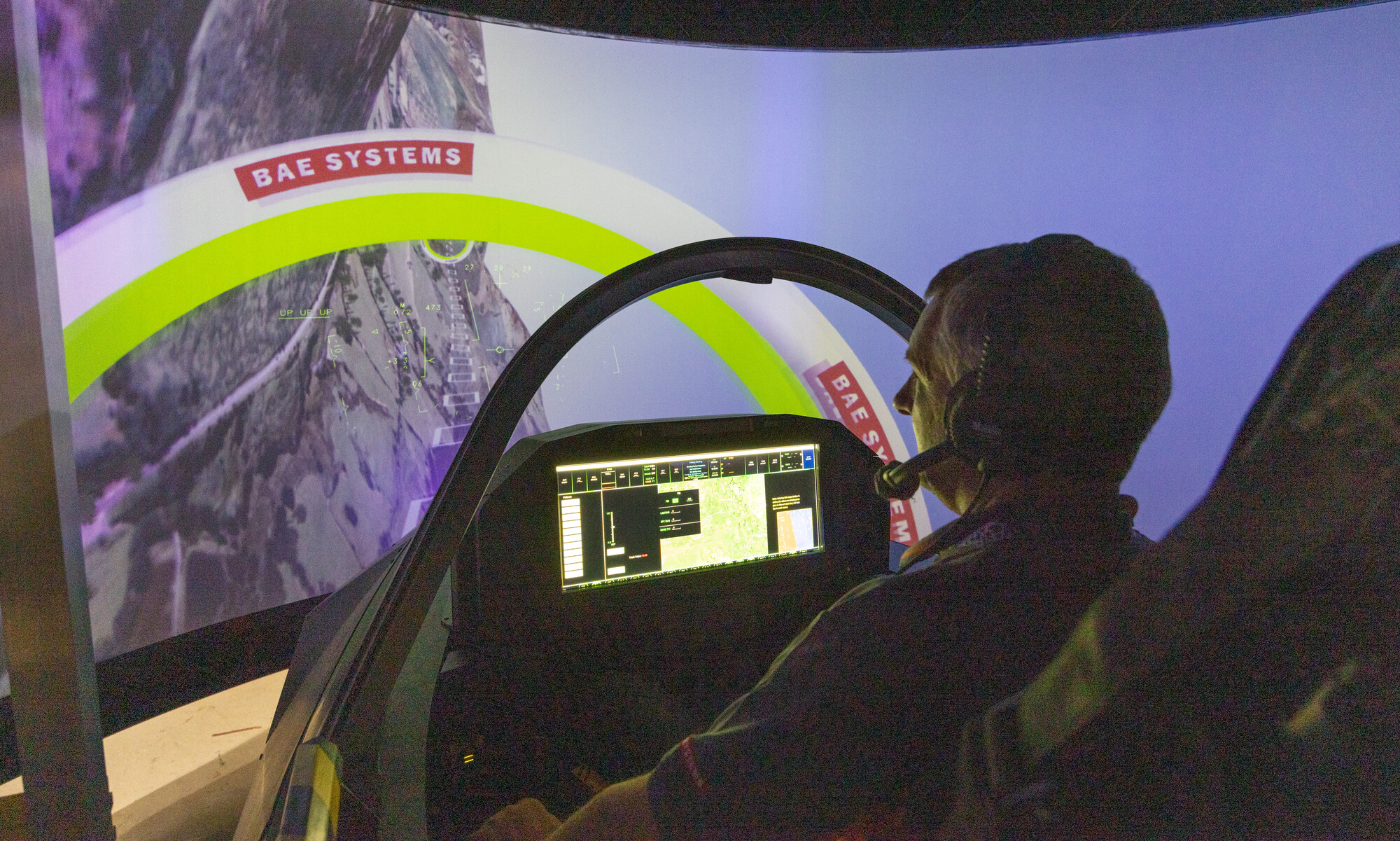 Testing engineer sat inside combat air demonstrator simulator