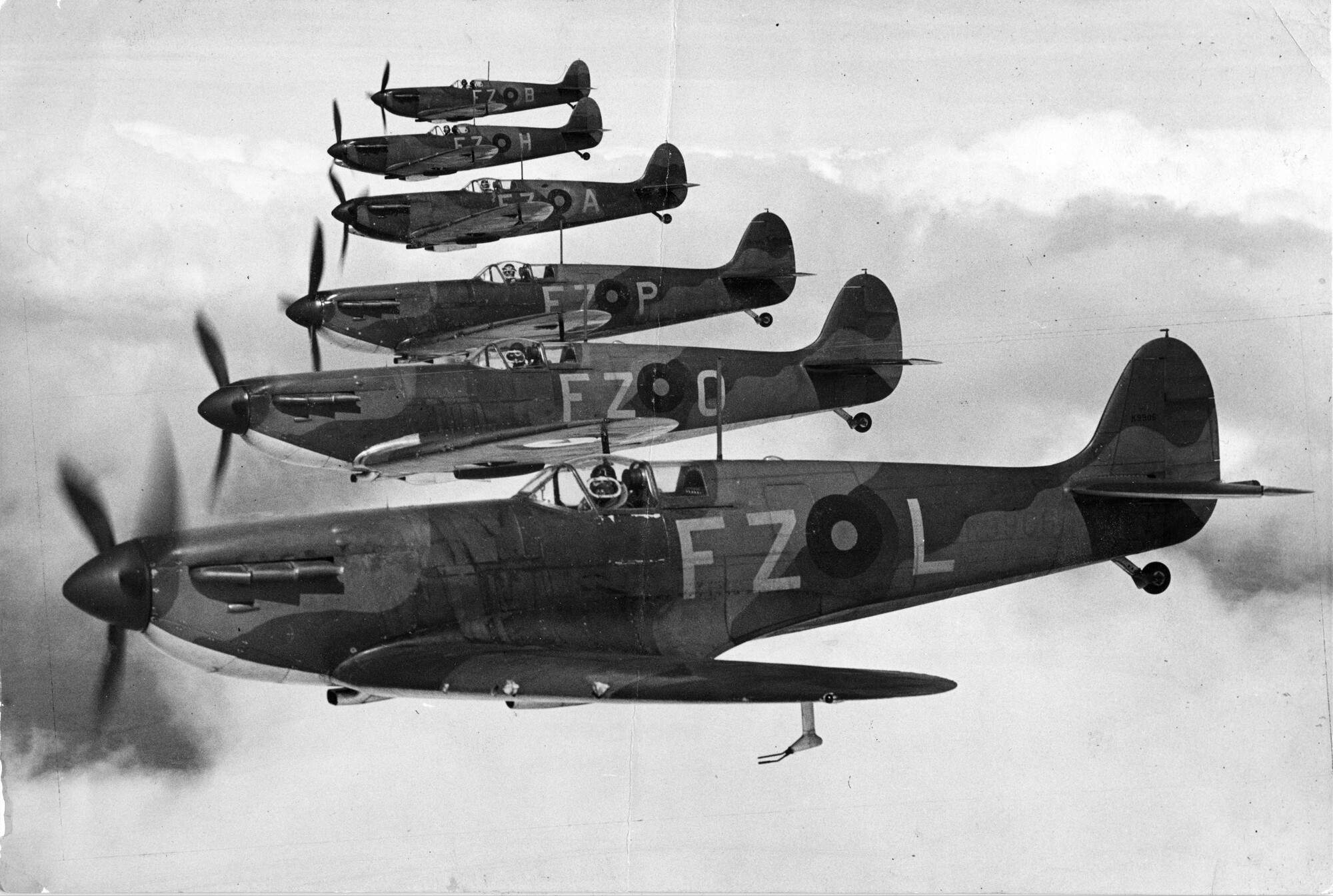 Six Vickers-Supermarine Spitfire Mk I's of the RAF flying in formation, 9th May 1940.
