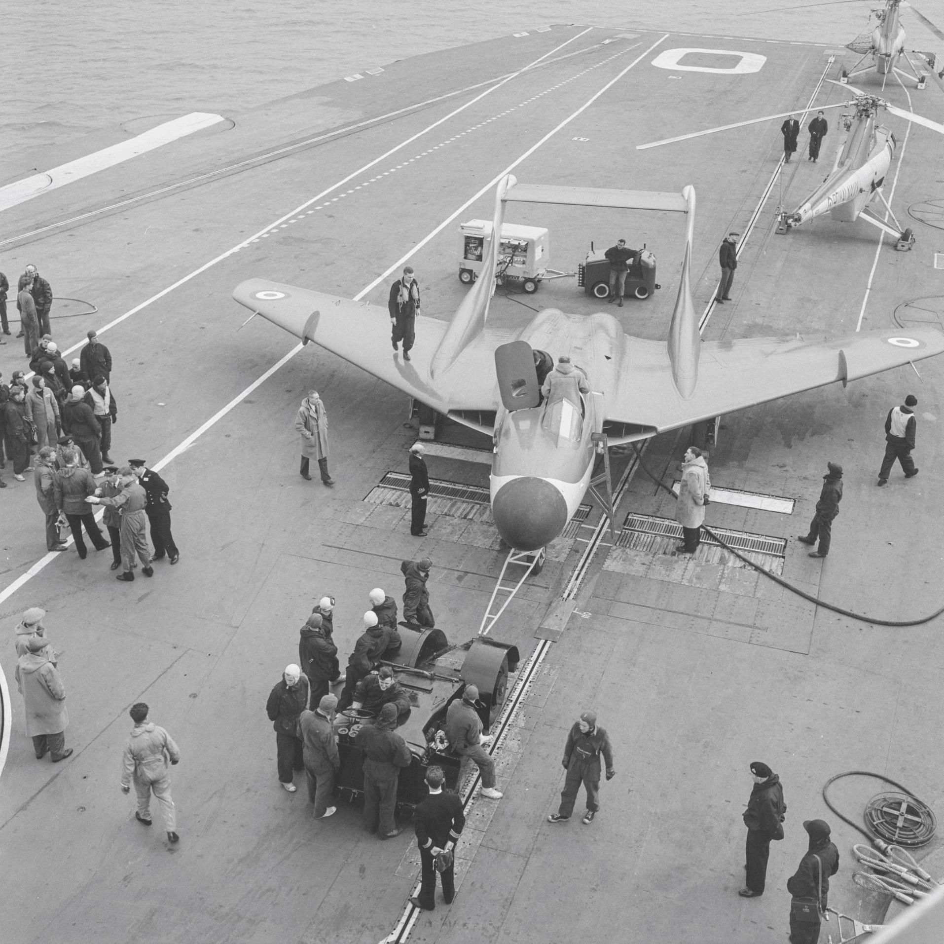 The navalised 3rd prototype de Havilland DH.110 Sea Vixen Mk20X (XF828) conducting carrier trials on HMS Ark Royal, 7th April 1956.