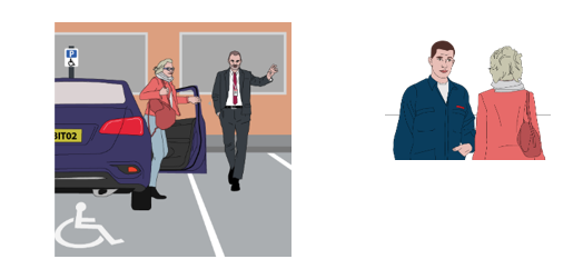 Male and female animated characters standing by a car in a disabled space in a car park