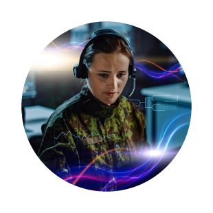 Female army officer at command desk with multidomain data threads flowing around her