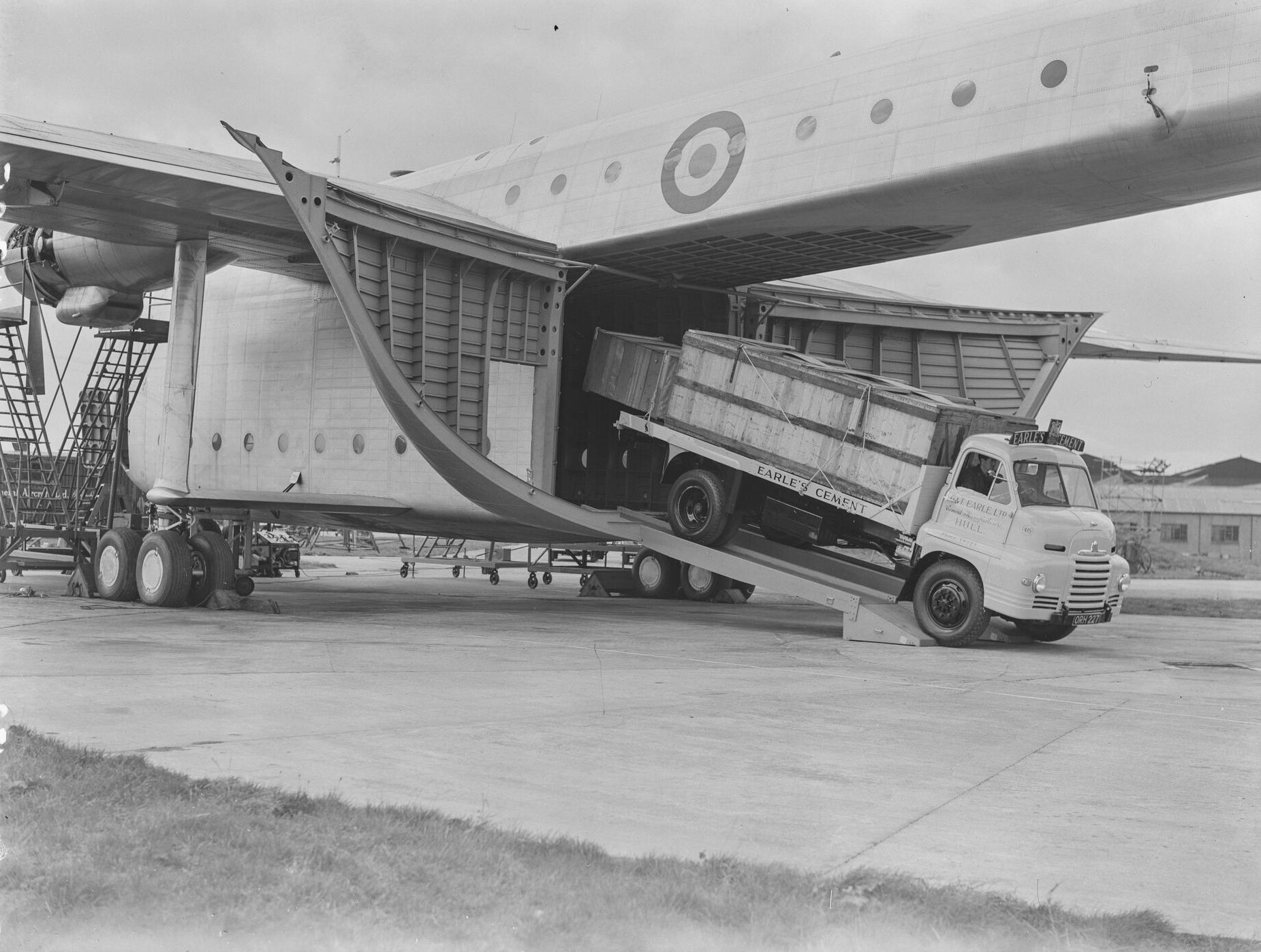 Second prototype Universal Freighter (Blackburn Beverley) loading a lorry into its cargo hold, 3rd September 1953.