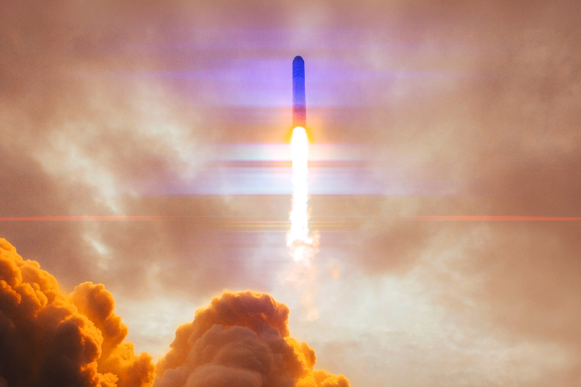 Abstract image of a rocket taking off in a cloudy sky