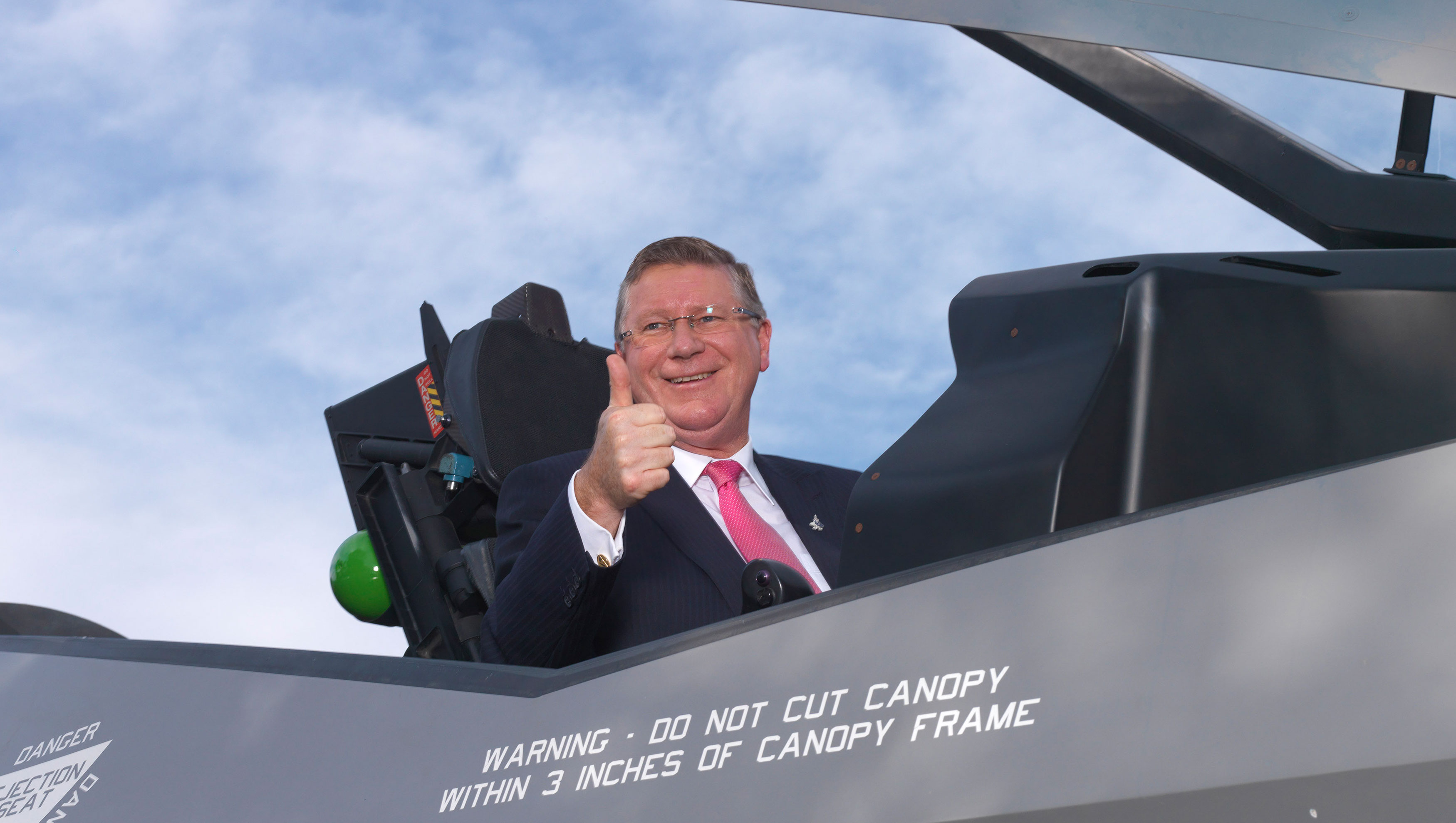 Premier of Victoria, Dr. Denis Napthine, sitting in the full scale mock up cockpit below, was among the 250 distinguished guests and Marand employees in attendance at the ceremony in Moorabbin