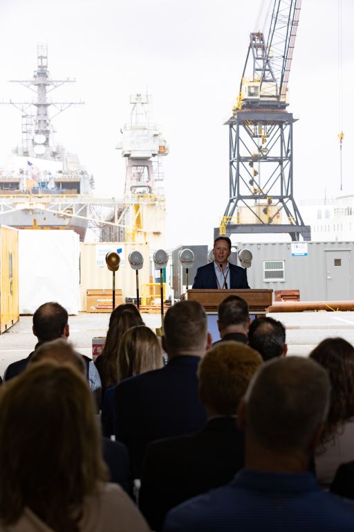 Jeremy Tondreault, President of BAE Systems Platforms & Services Sector addresses employees, partners and officials at the groundbreaking ceremony at the Jacksonville Ship Repair yard.