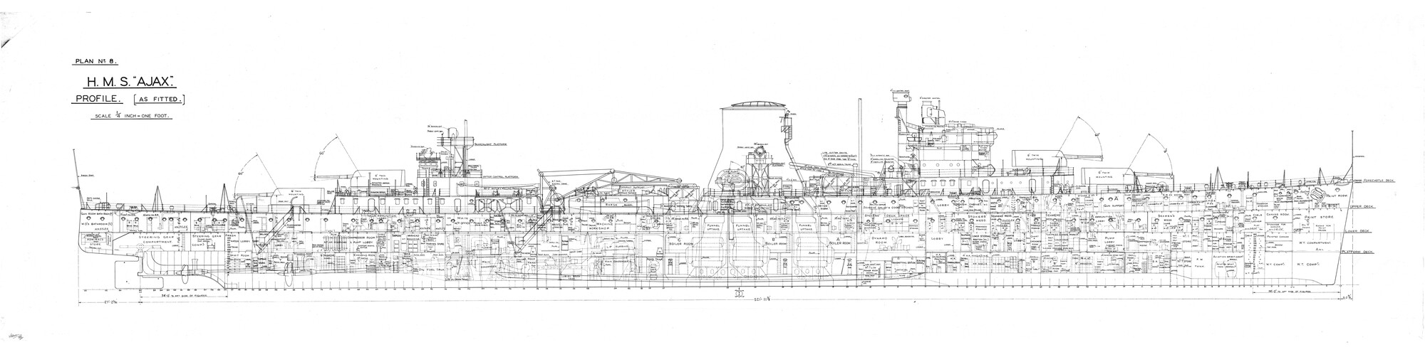 HMS Ajax (Leander class light cruiser) - profile drawing - Plan No. 8