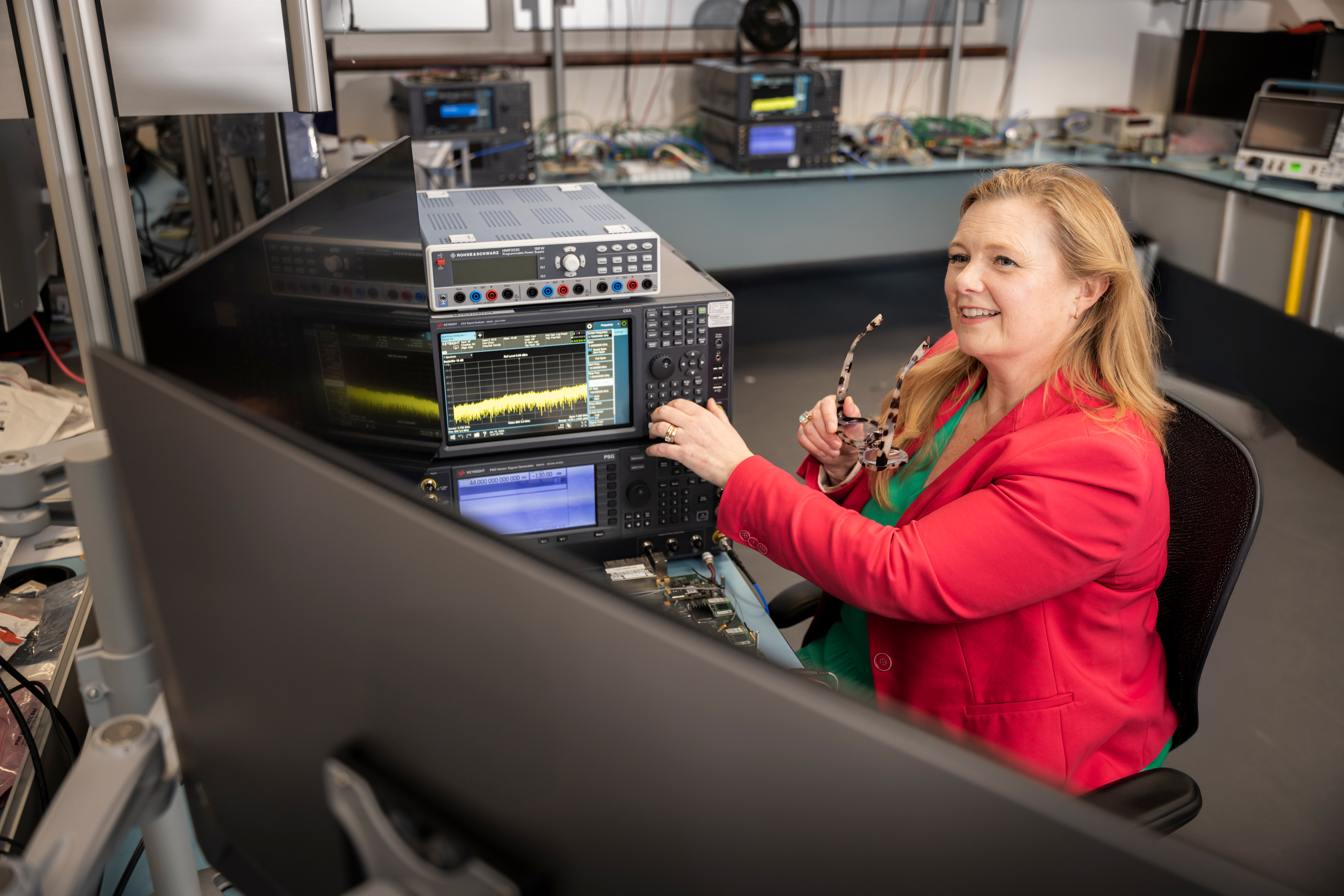 Woman using complex sensing machinery