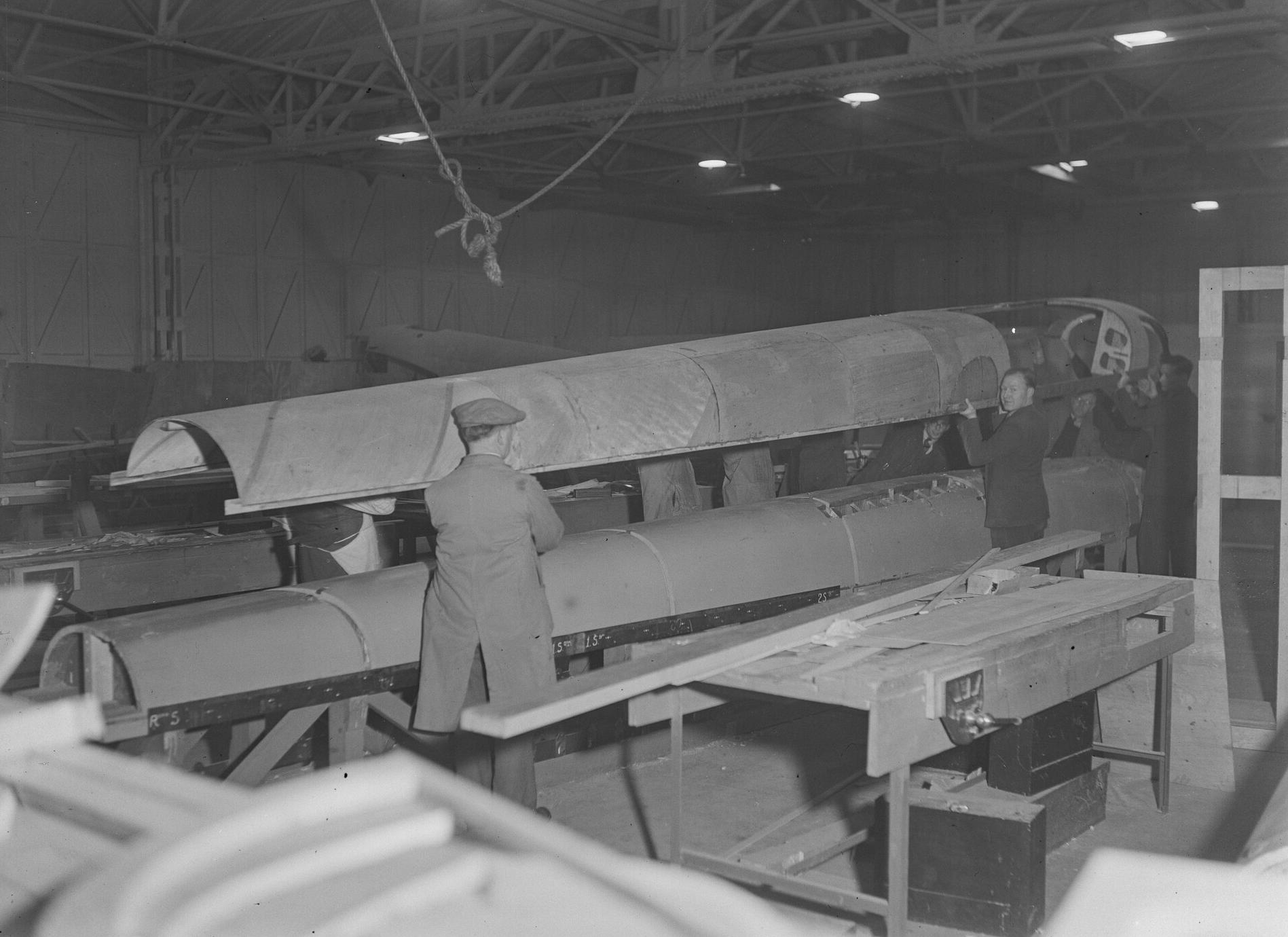 First side of a DH.103 Hornet fuselage coming of jig at Hatfield, 14th December 1943.