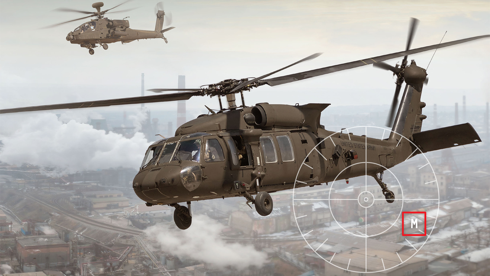  A Black Hawk helicopter flies in the foreground over an urban city. A reticle is overlaid over the image, and an Apache helicopter flies in the background.