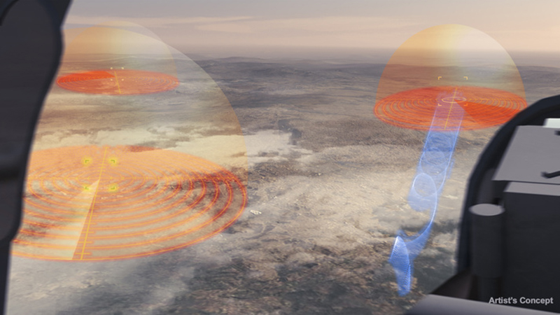 Rough terrain seen from pilot’s seat, overlayed with illustrated concepts of geospatial signals intelligence from multiple domains being collected and turned into analysis and mission planning. 