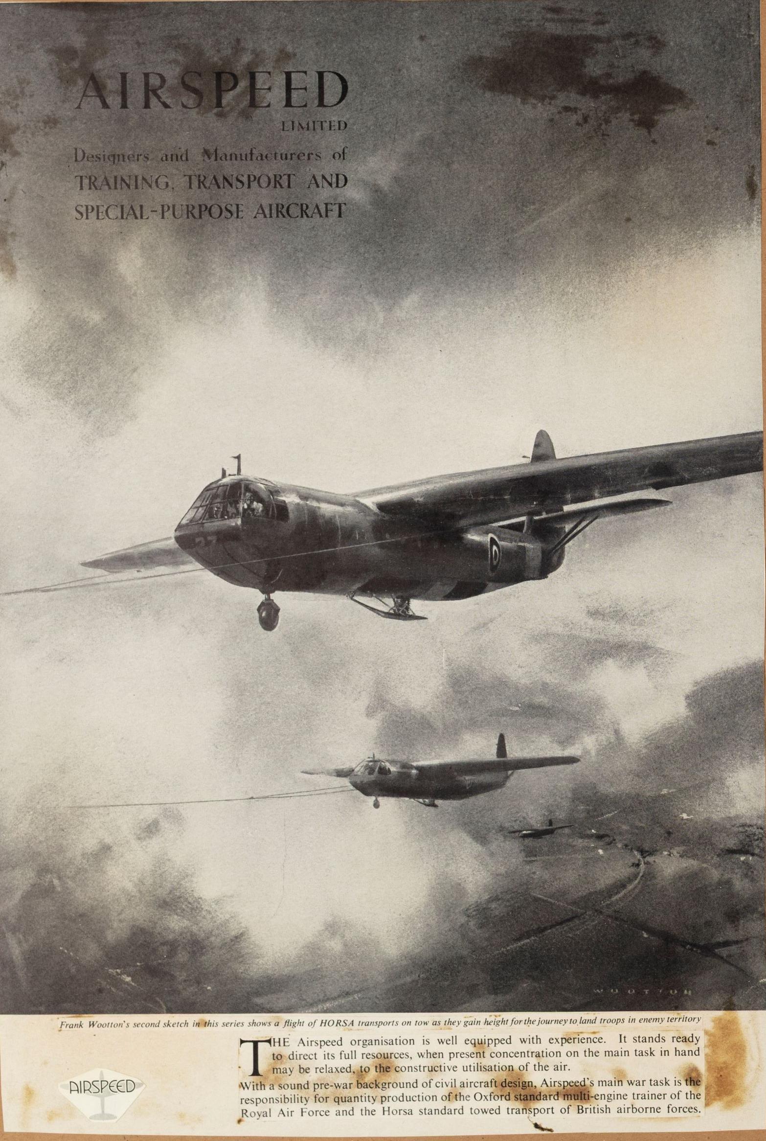 Airspeed Horsa advertisement proof, from a series of adverts for the Horsa glider featuring artwork by Frank Wootton, 1943.