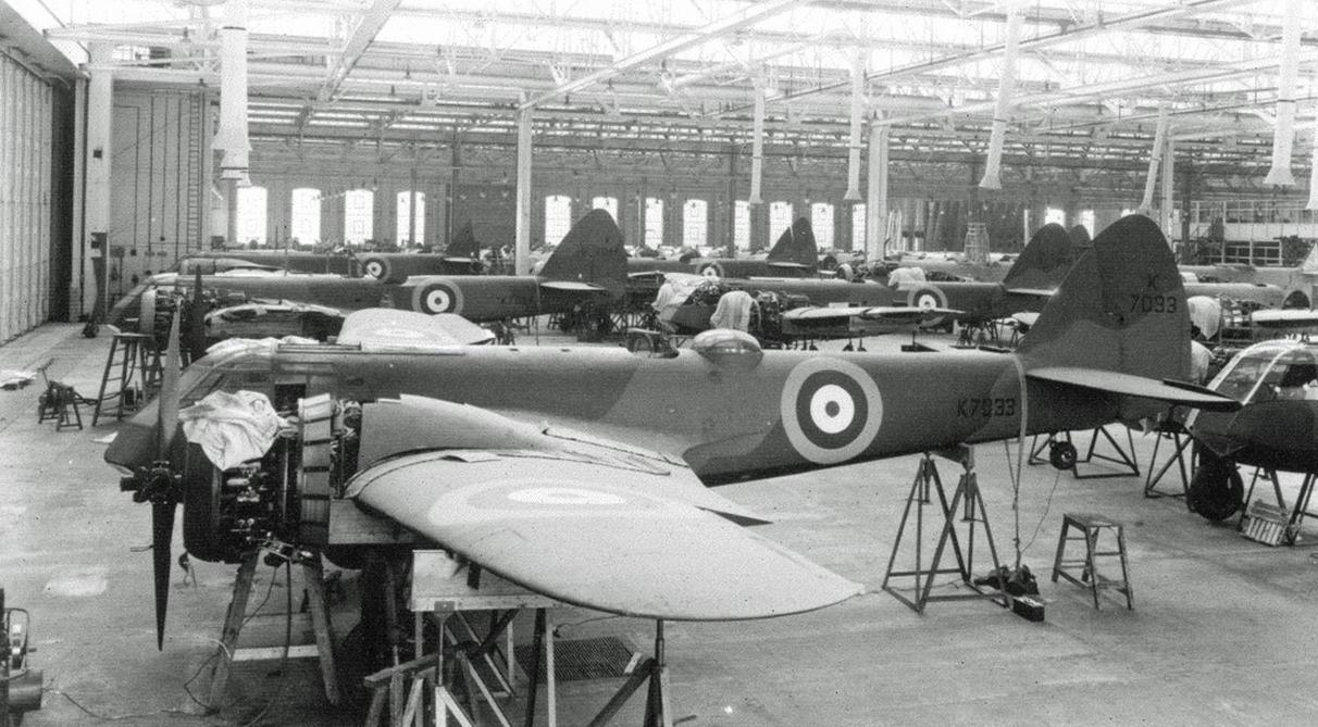 Bristol 142M Blenheim I production at Filton with prototype K7033 in foreground.