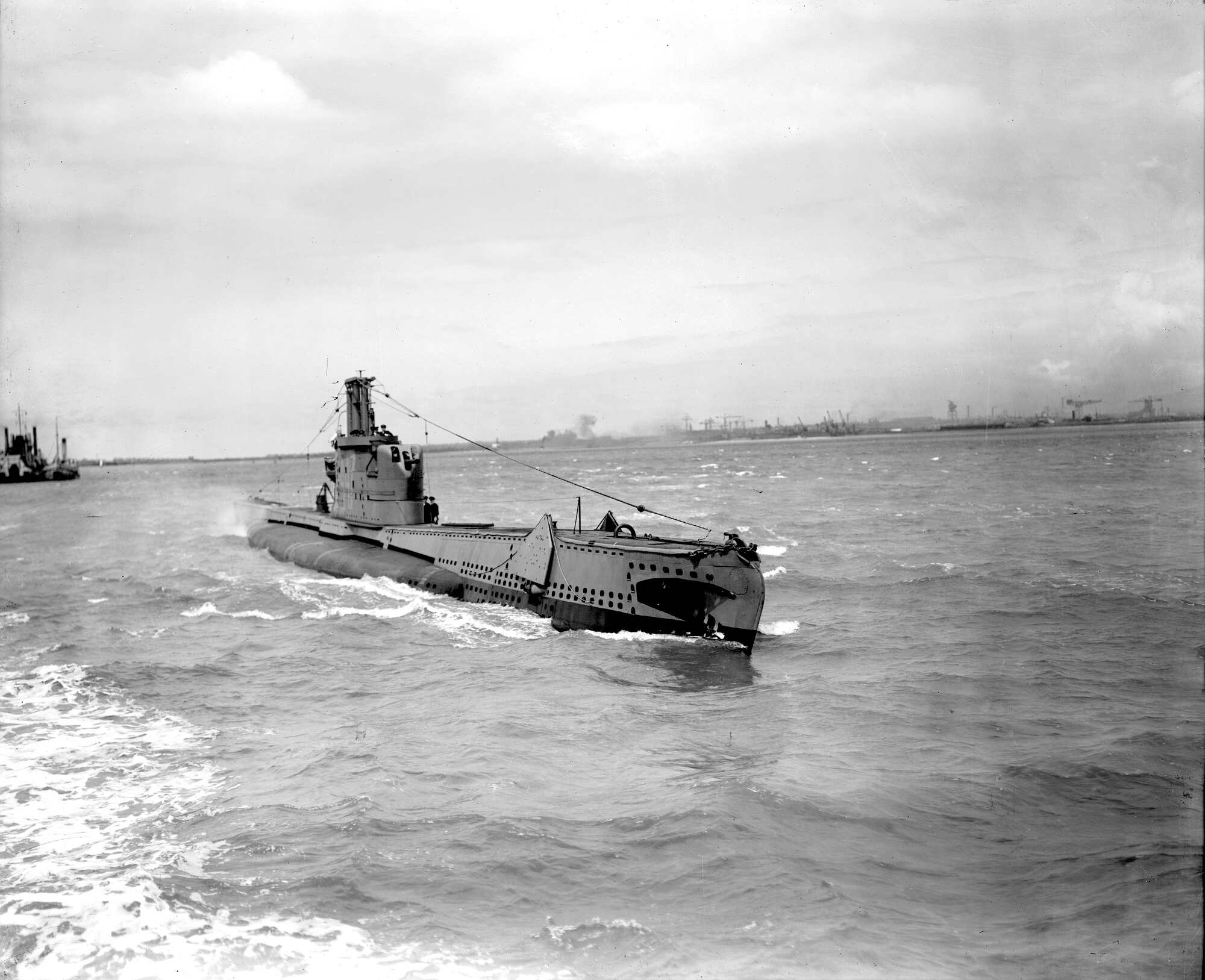 HMS Astute (P447) Amphion-class submarine. View of starboard bow whilst in Walney Channel, Barrow, 1945.