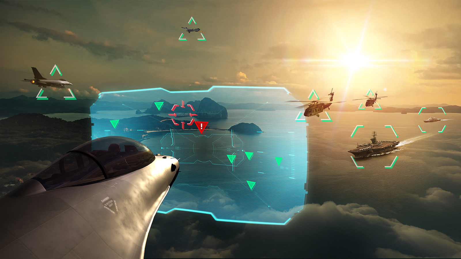 An aircraft flying over an ocean sending out Identification Friend or Foe signals letting the pilot know whether other aircraft and ships are friendly