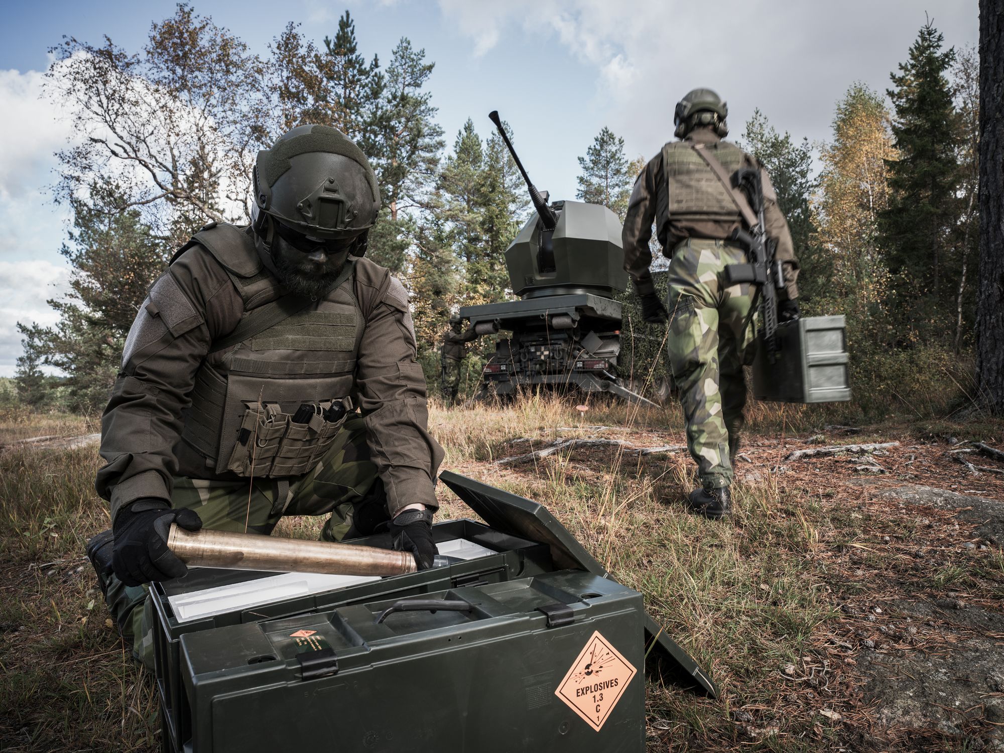 Operators reloading ammunition for the Tridon mobile air defence system.