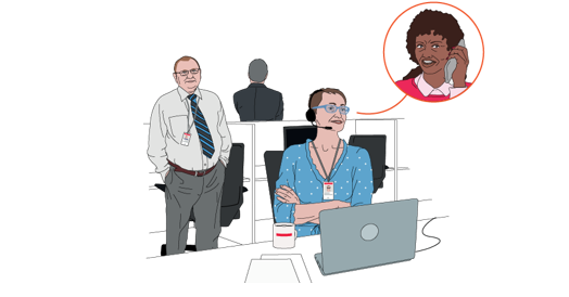 Male animated character standing behind female animated character on the phone