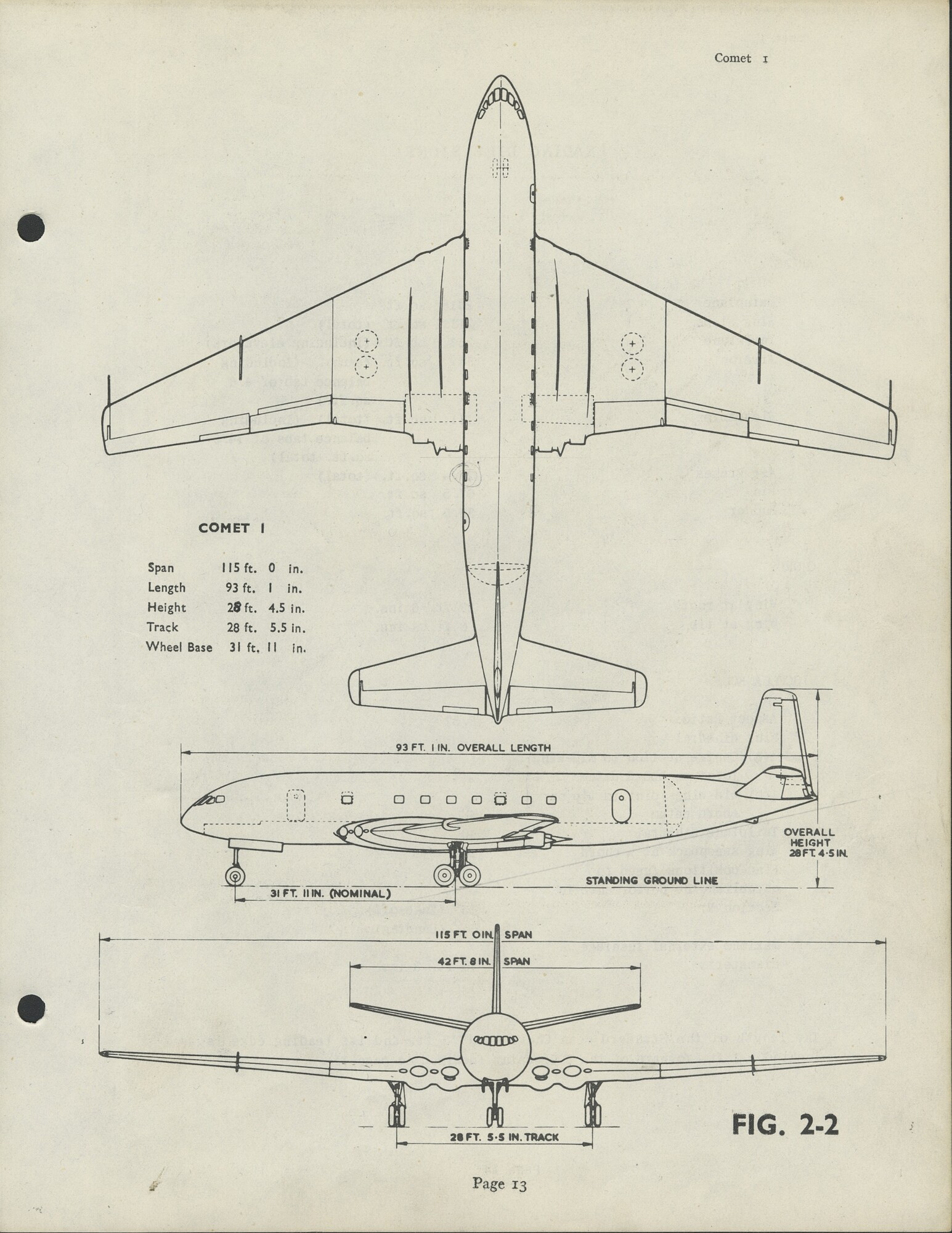 A front, side and plan view drawing of a de Havilland DH.106 Comet 1
