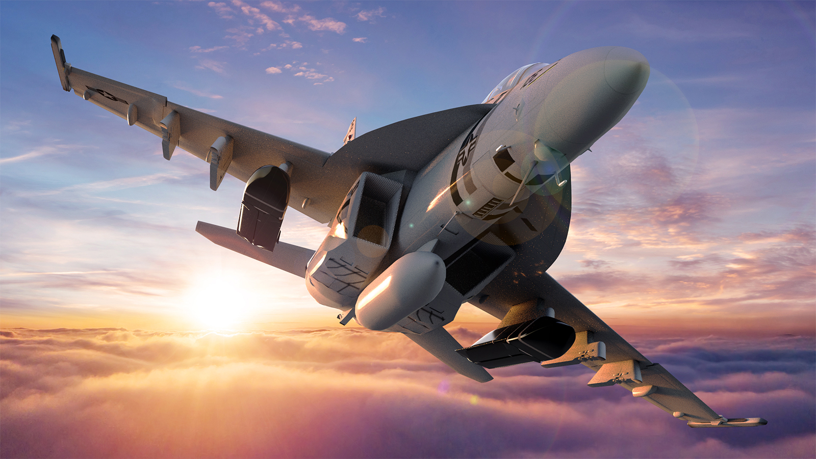 An artist’s rendition of an F/A-18 carrying two Long Range Anti-Ship Missiles above the clouds.