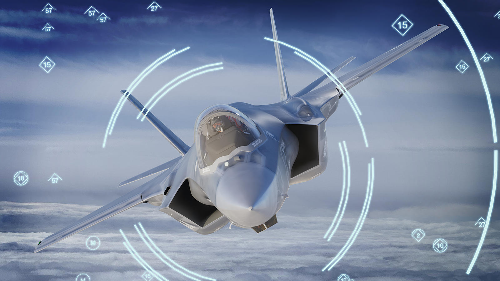 An F-35 flies above the clouds. A digital overlay portrays electronic warfare situational awareness.