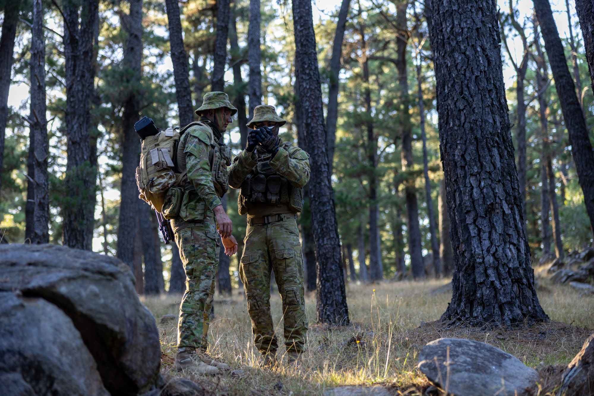 Two soldiers in the forest in decision-making mode