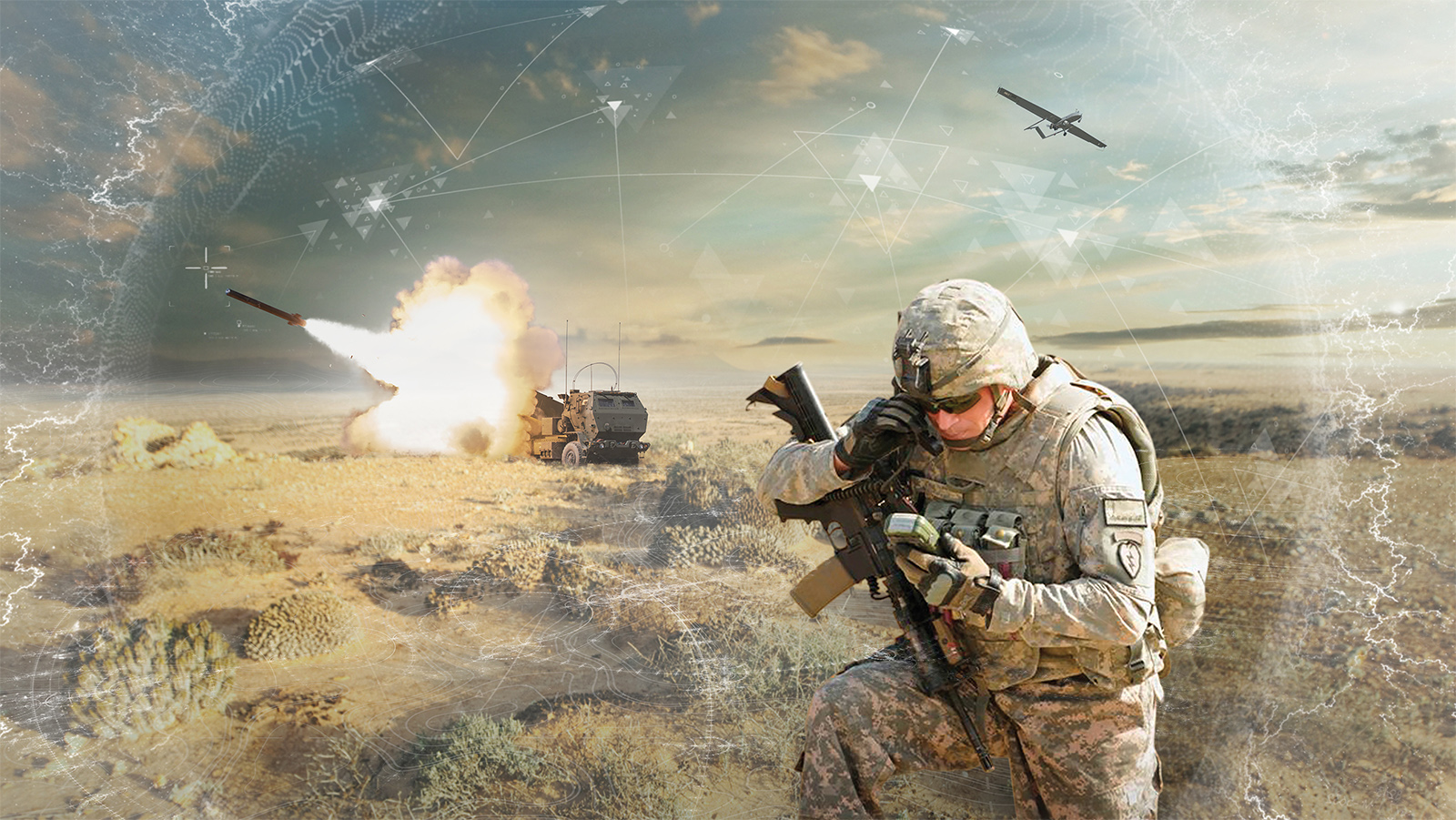 A soldier looks at his handheld GPS receiver. A rocket fires from a launcher and an unmanned aerial vehicle flies through the sky in the background.
