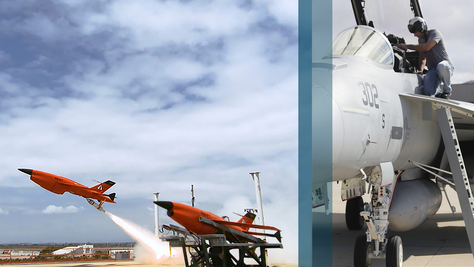 Unmanned air vehicles ready to launch, next to separate photo of manned jet fighter.