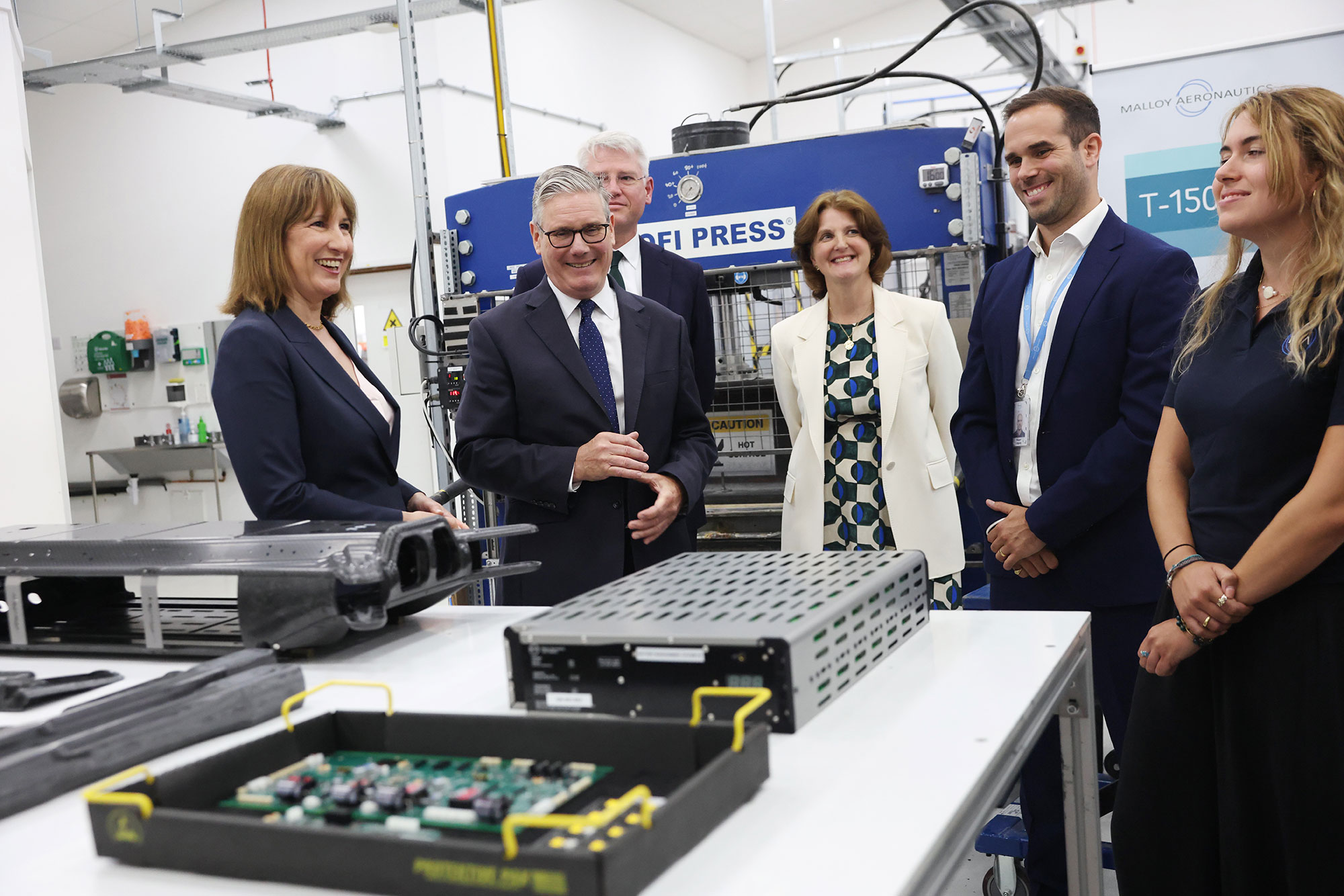 The UK Prime Minister, Sir Keir Starmer; Chancellor of the Exchequer, Rachel Reeves; BAE Systems Chair, Cressida Hogg; and BAE Systems Chief Executive, Charles Woodburn, at Malloy Aeronautics on 30 June 2026.