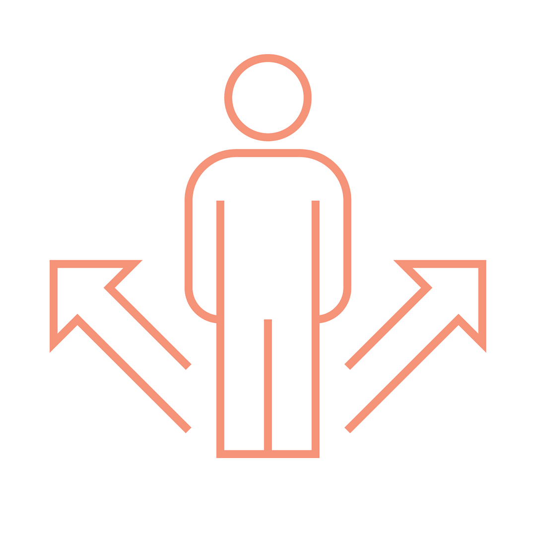 orange line icon outline of person with arrows pointing in opposite directions, indicating career direction and opportunities