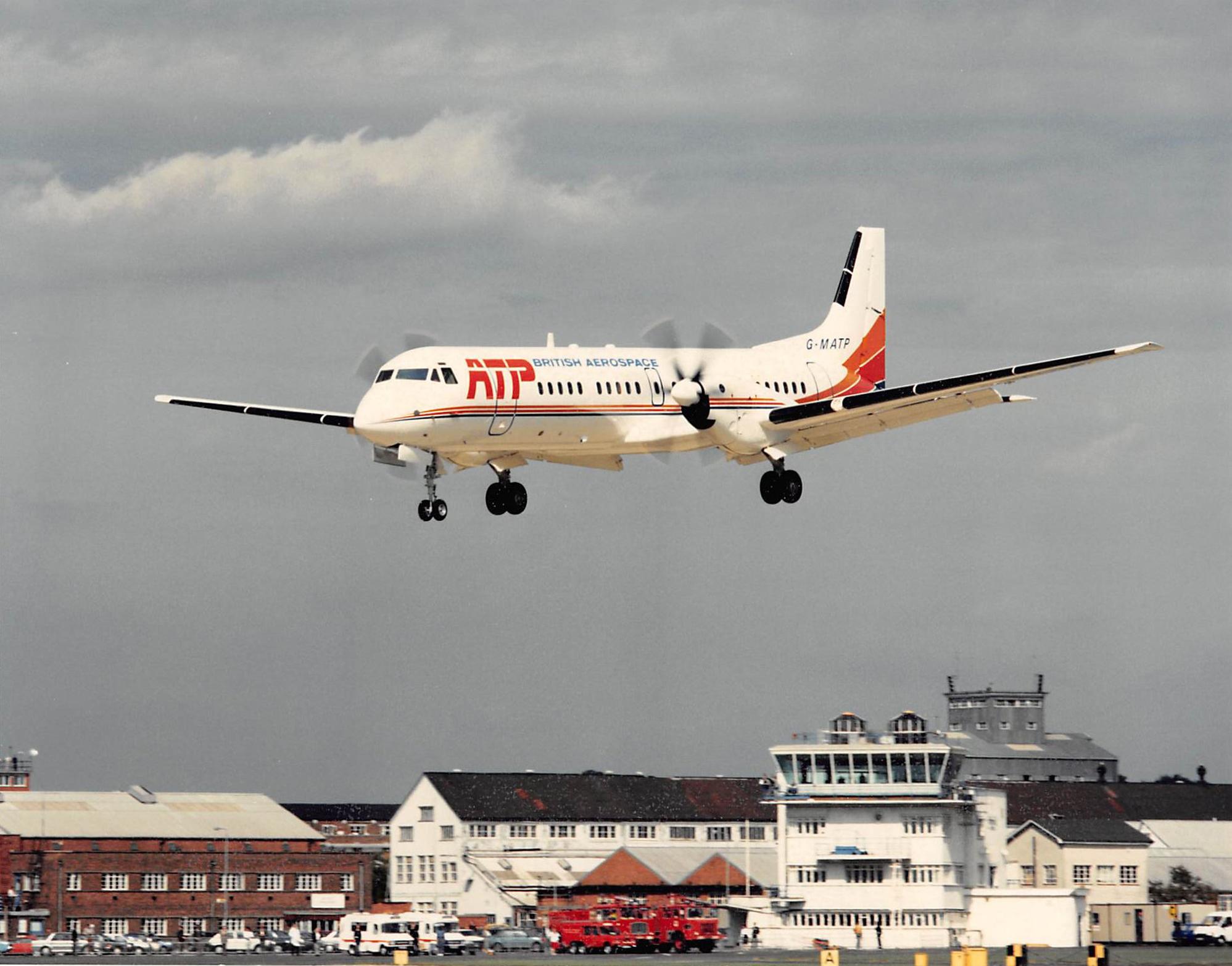 BAe ATP prototype (G-MATP) landing at Farnborough, 1986.