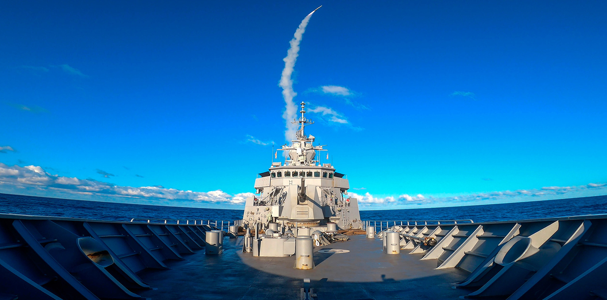 HMAS Ballarat conducts an Evolved Sea Sparrow Missile firing at sea, as part of the Anzac class frigate's sea qualification trials.