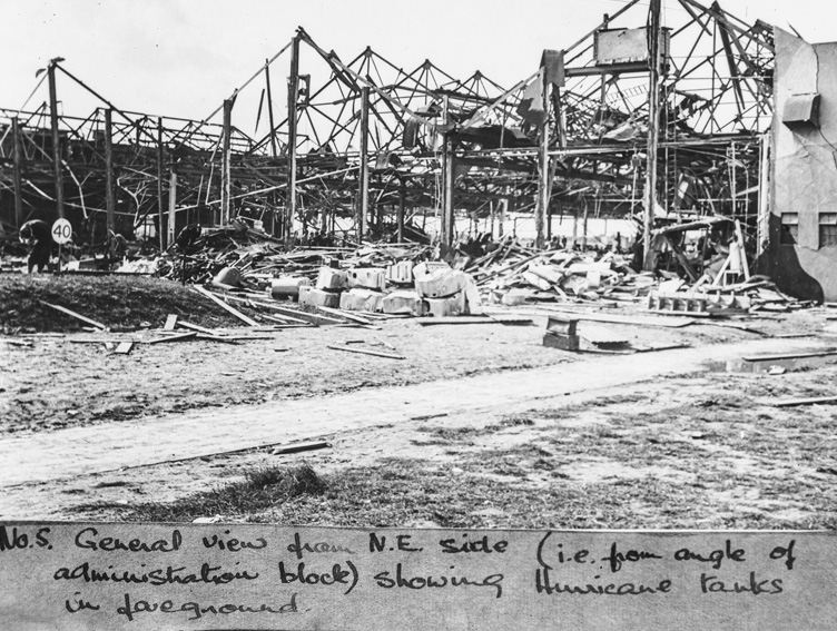 Aftermath of bombing raid on de Havilland Aircraft factory, Hatfield, 3rd October 1940, by a German Junker Ju.88