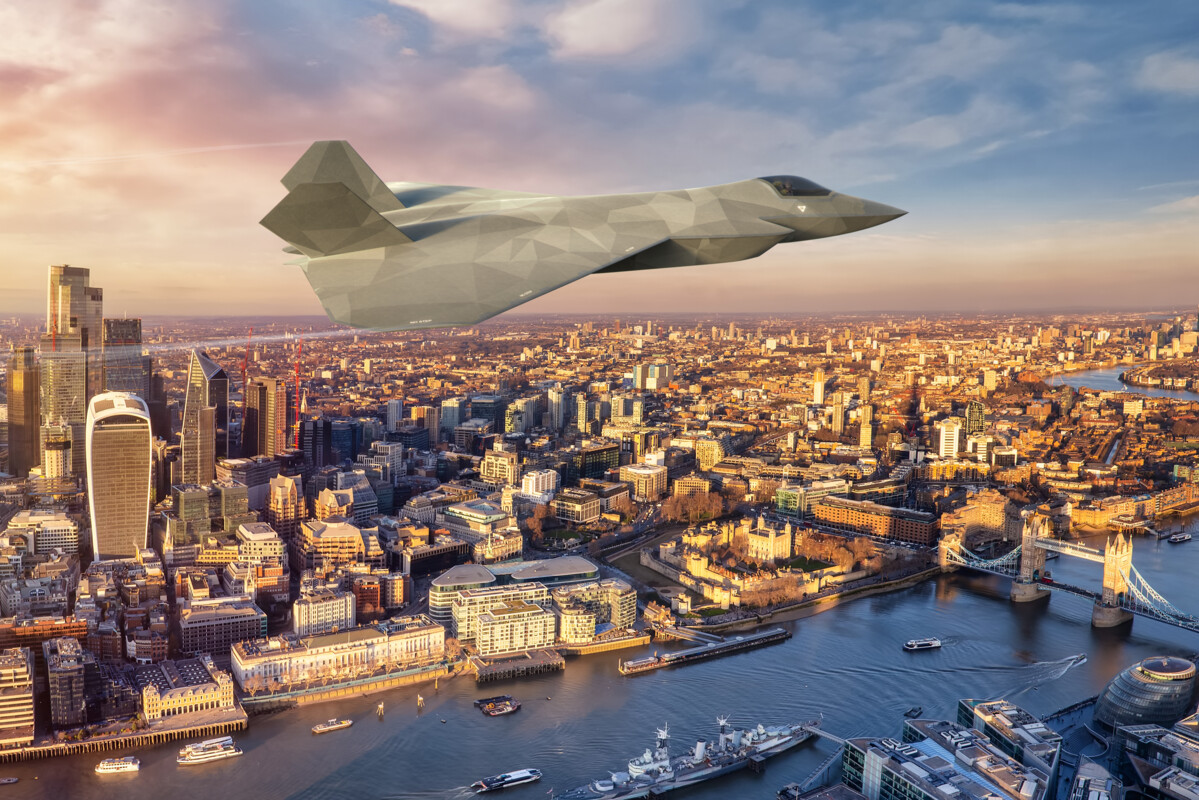 A CGI image of how the Tempest aircraft could look flying over London