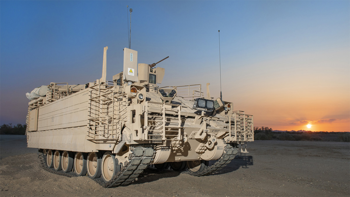 An Armored Multi-Purpose Vehicle (AMPV) in the sunset in Yuma, Arizona.