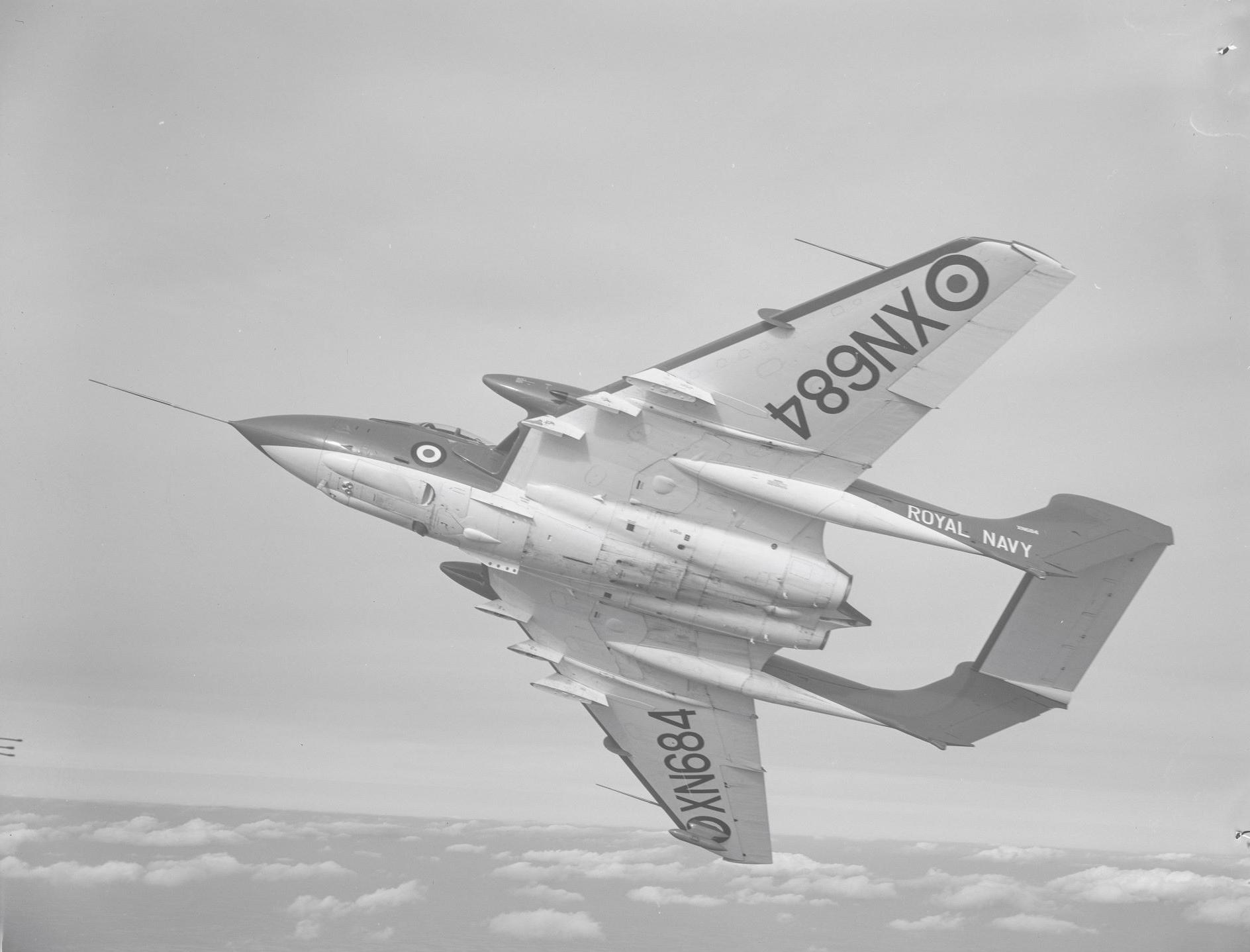  First converted prototype for the improved de Havilland Sea Vixen FAW.2 variant (XN684), in flight, c. 1963.