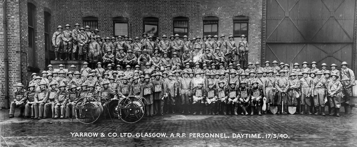 Images of the Yarrows Shipyard, Scotstoun, during the Second World War, showing  ARP (Air Raid Precautions) personnel and equipment.