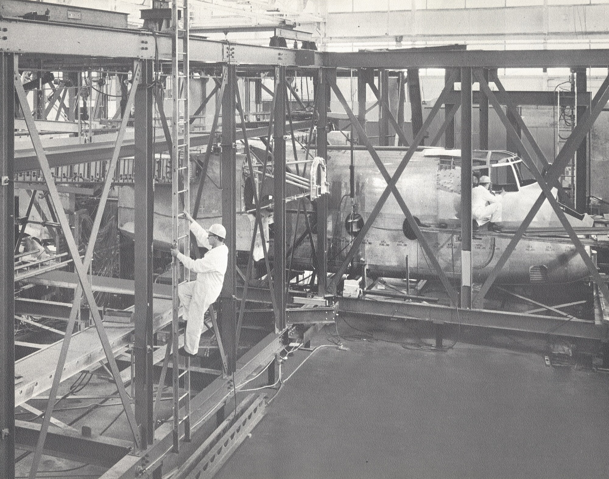 A de Havilland Canada DHC-5 Buffalo airframe in a static test rig, 1960s.