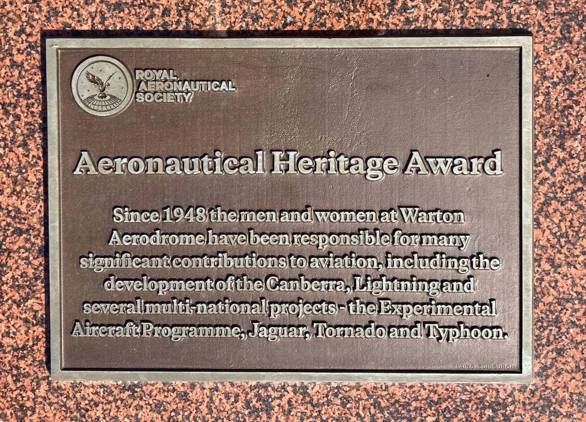 Aeronautical Heritage Award plaque at Warton site