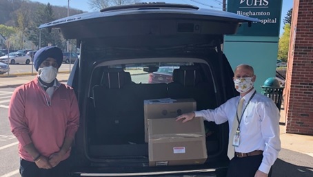 Endicott Deputy Site Executive Raj Rai delivers face shields to Binghamton General Hospital.