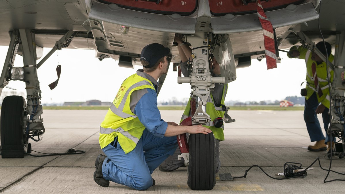An aircrew technician working on a Eurofighter Typhoon