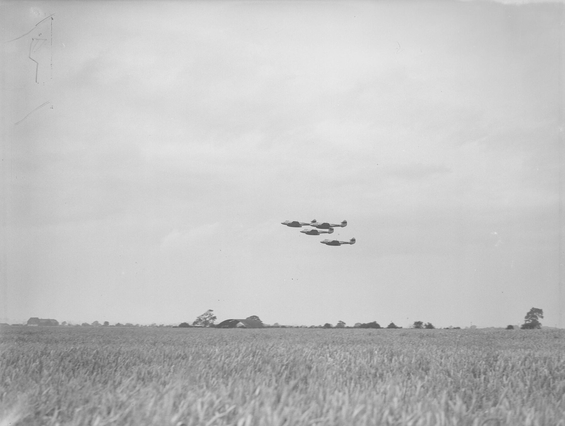 Four Meteors flying in formation at a display at Sherburn-in-Elmet, 22nd July 1950.