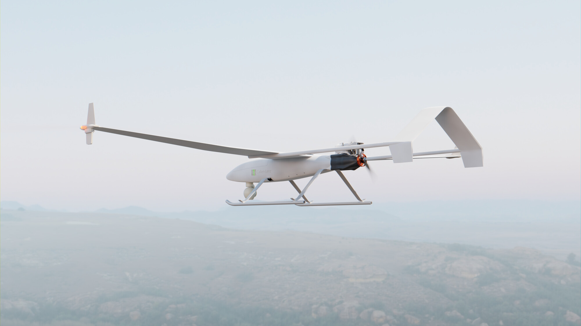 A computer generated image of Fregata flying in the sky above a mountainous landscape 