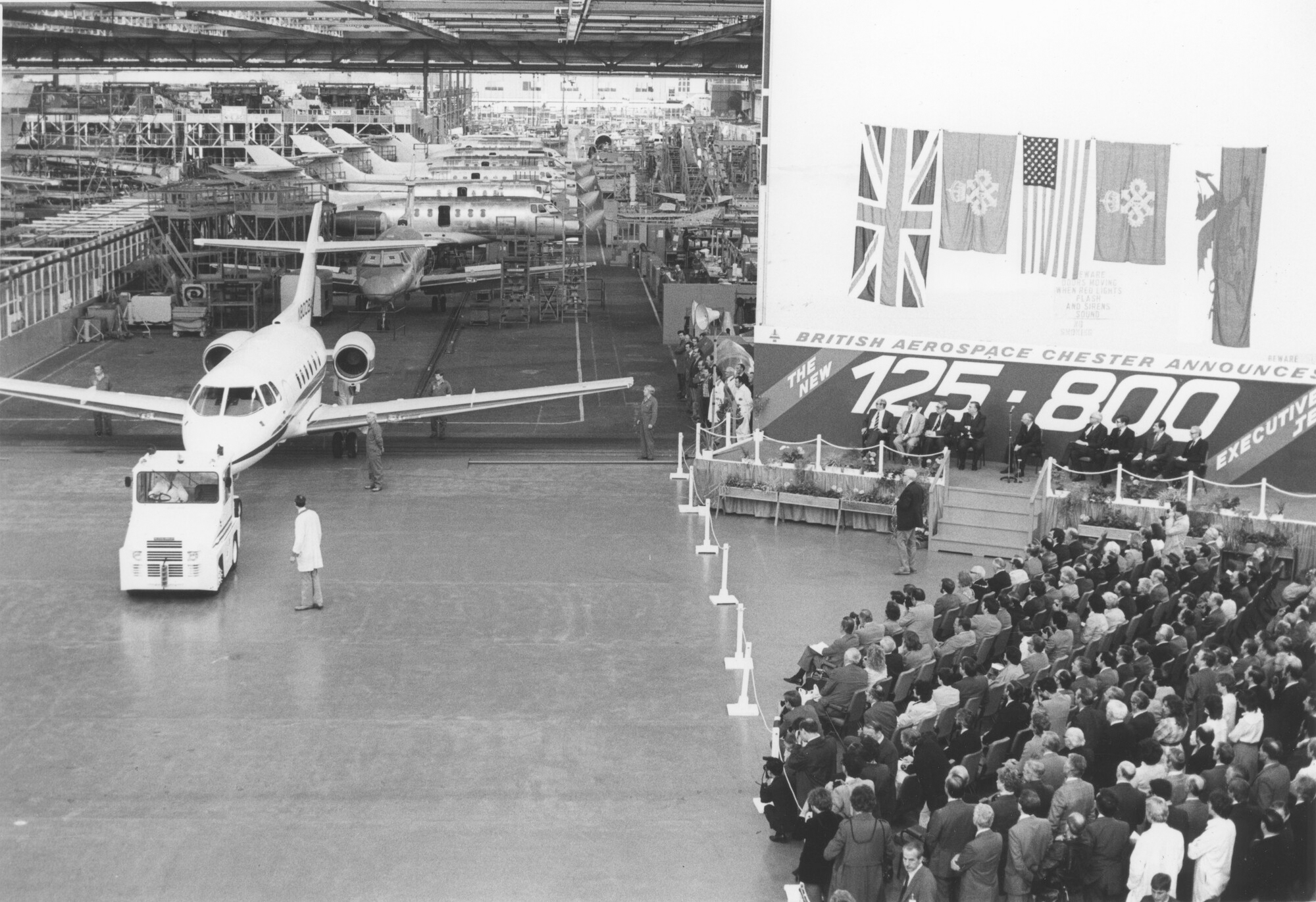 BAe125-800A - N800AB - prototype ground view at roll-out with 7 others, c.1984.