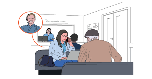 Female animated character sitting in a waiting room on the phone to a male animated character