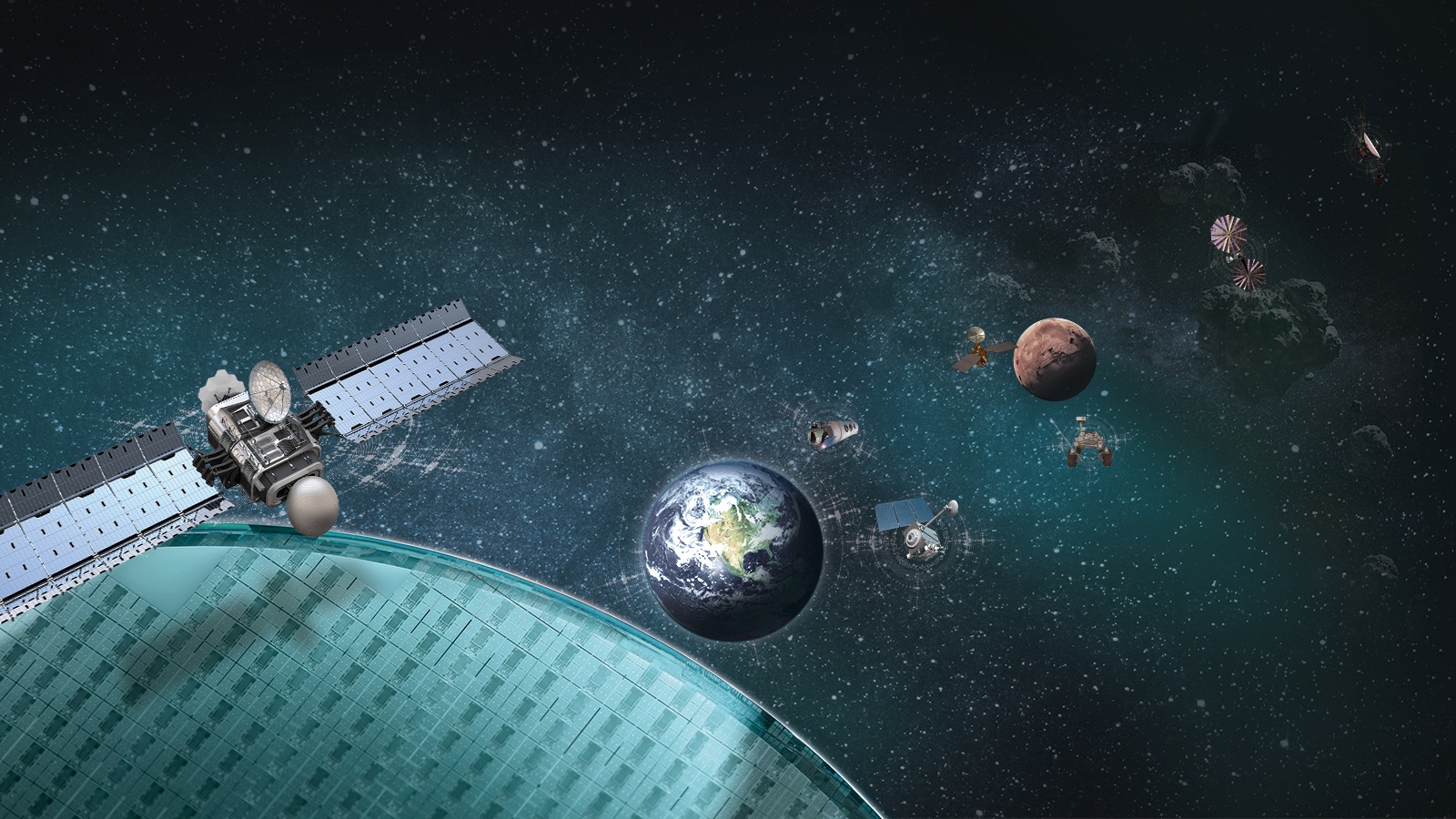 Radiation-hardened 45nm electronic chip helps power satellites and rovers operating in space for different missions.