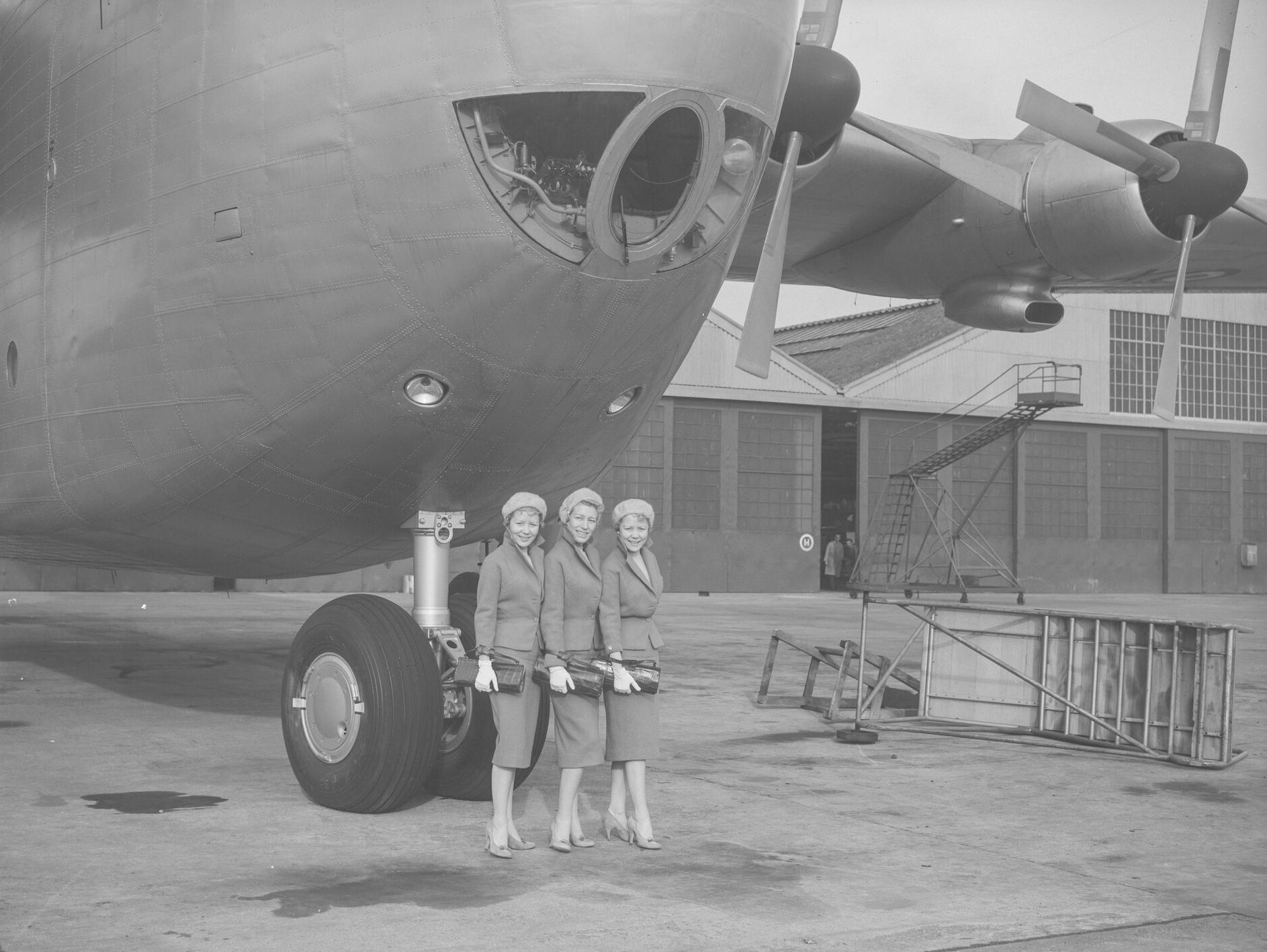 The Beverley Sisters pose in front of a Blackburn Beverley aircraft during a site visit to Brough, 3rd March 1958.