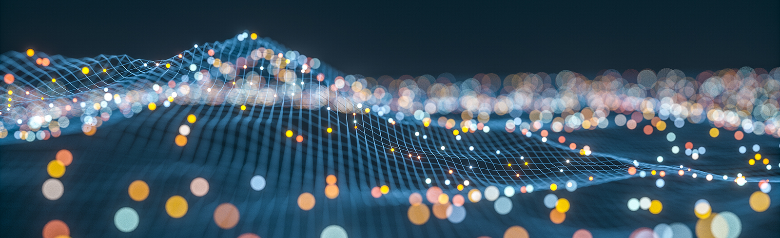 A dark blue background with light blue lines in waves with circles of various colors