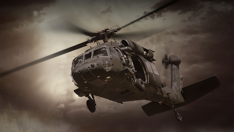 UH-60 Blackhawk helicopter flying with elevated threats