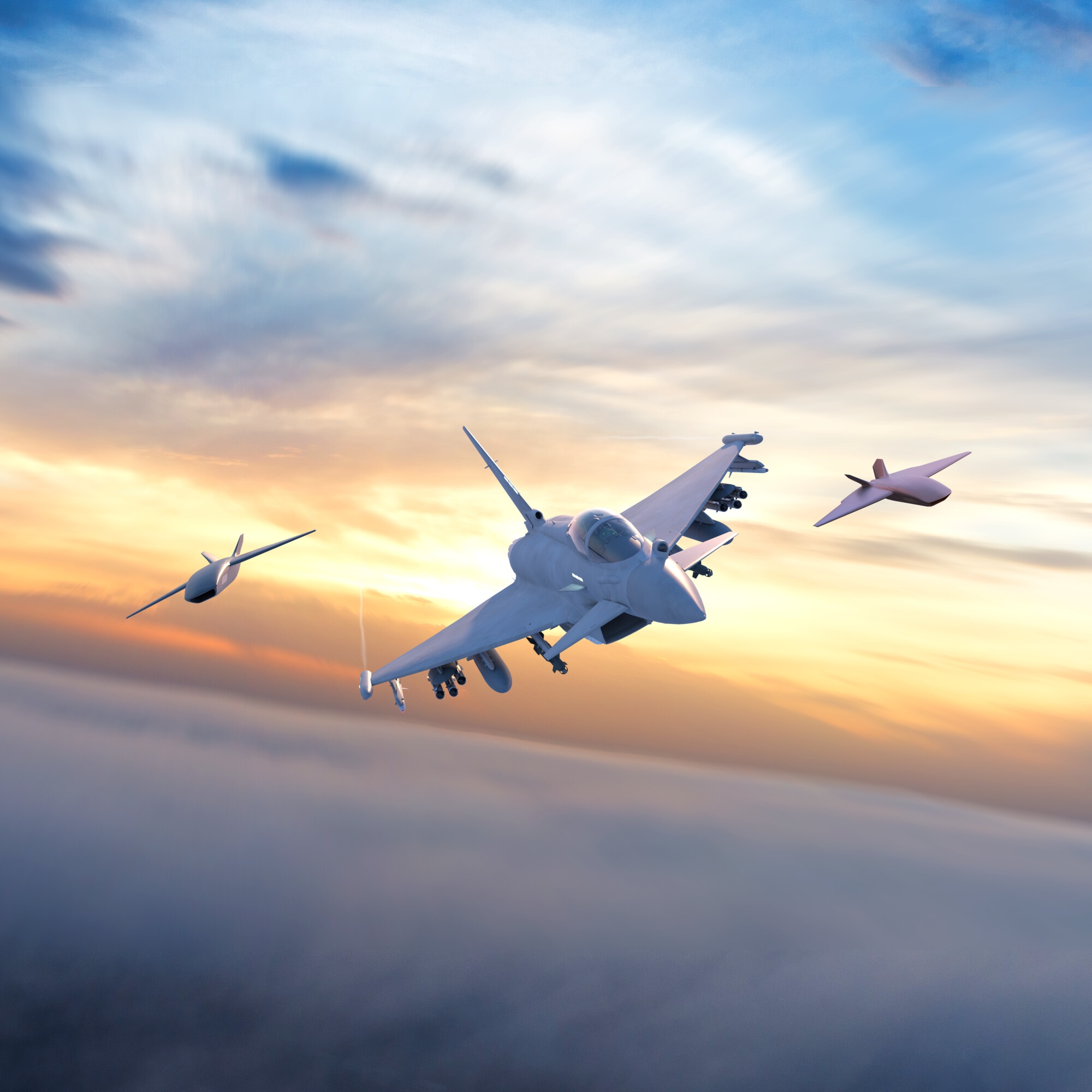 A CGI image of a Typhoon flying alongside two uncrewed air systems 