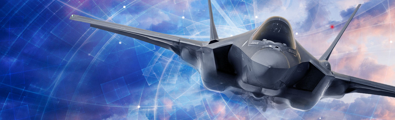 An F-35 fighter jet flies against a backdrop of clouds and blue sky, overlaid with an artist’s rendering of electronic warfare capabilities.